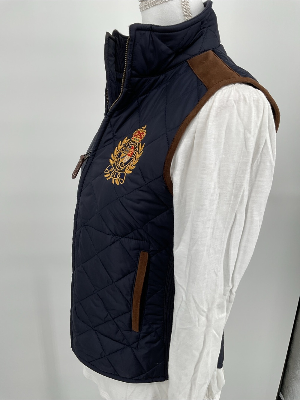 Polo Ralph Lauren Crest Quilted Vest Navy Lamb Suede Trim Equestrian Size Small - Picture 7 of 16